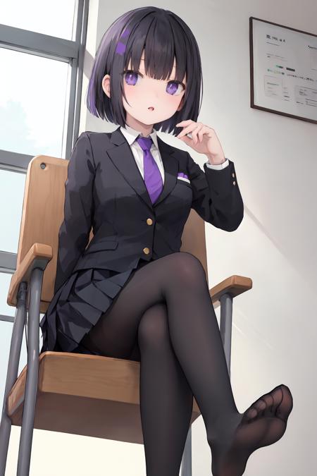 02527-2776116868-1girl,solo,pantyhose,black hair,feet,crossed legs,sitting,jacket,necktie,purple eyes,looking at viewer,no shoes,indoors,skirt,bl.png